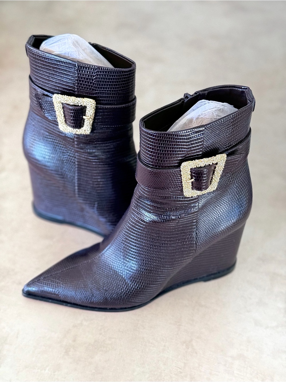 Sam Edelman Brown Textured Pointed Wedge Ankle Boots with Gold Buckle Size 8